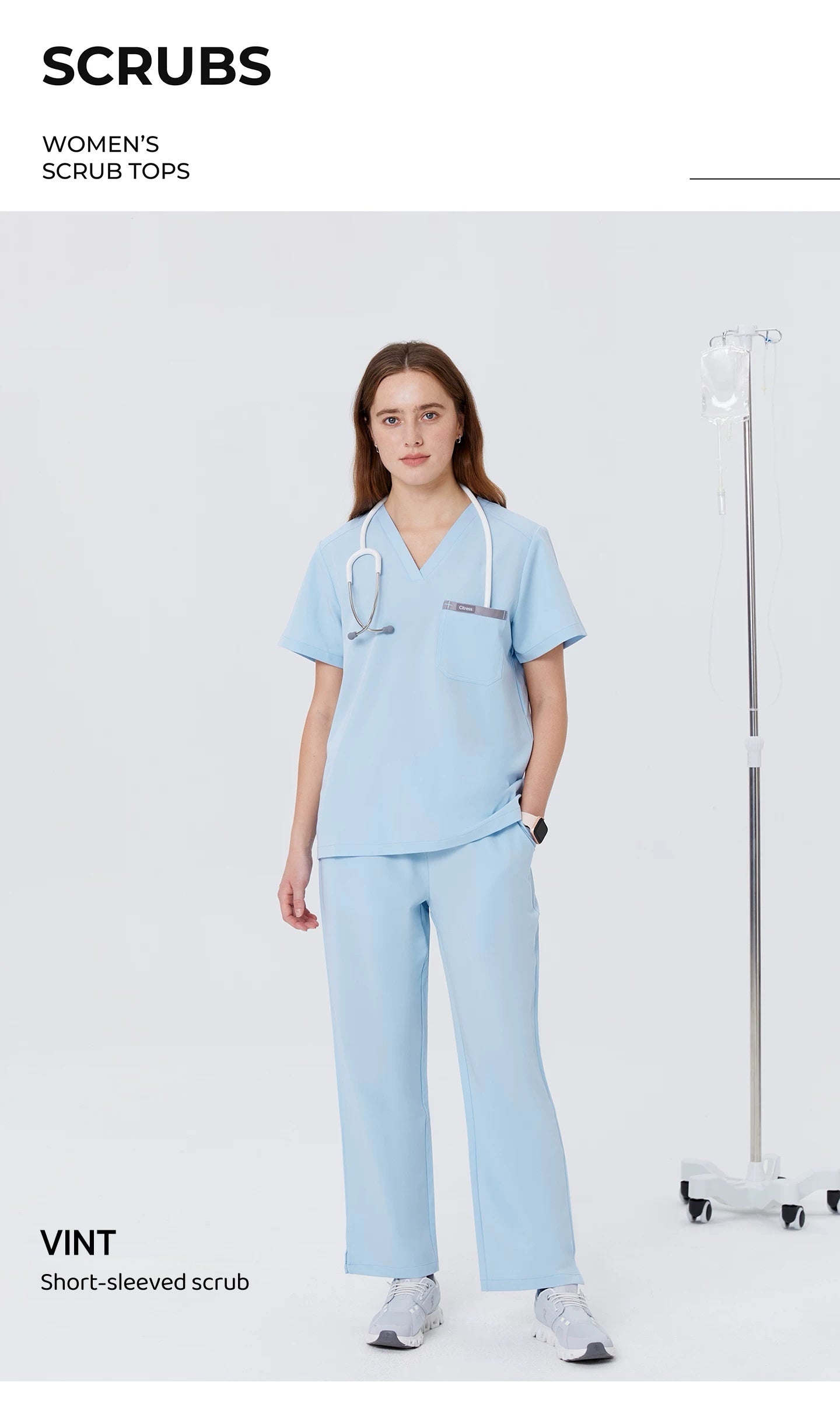 New Style——Women's Light Blue V-Neck Scrub Top — Premium Stretch & Wrinkle-Resistant Fabric | CITRESS