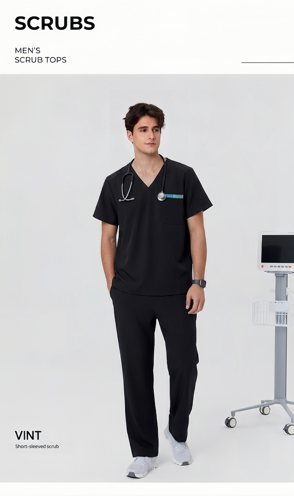 Men's V-Neck Black Scrub Top — Premium Stretch & Wrinkle-Resistant Fabric | CITRESS
