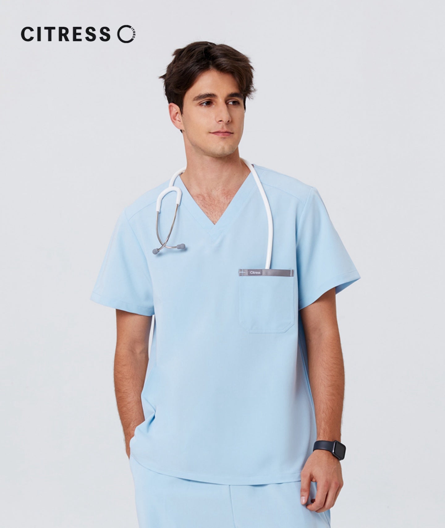 New Style——Men's Light Blue V-Neck Scrub Top — Premium Stretch & Wrinkle-Resistant Fabric | CITRESS