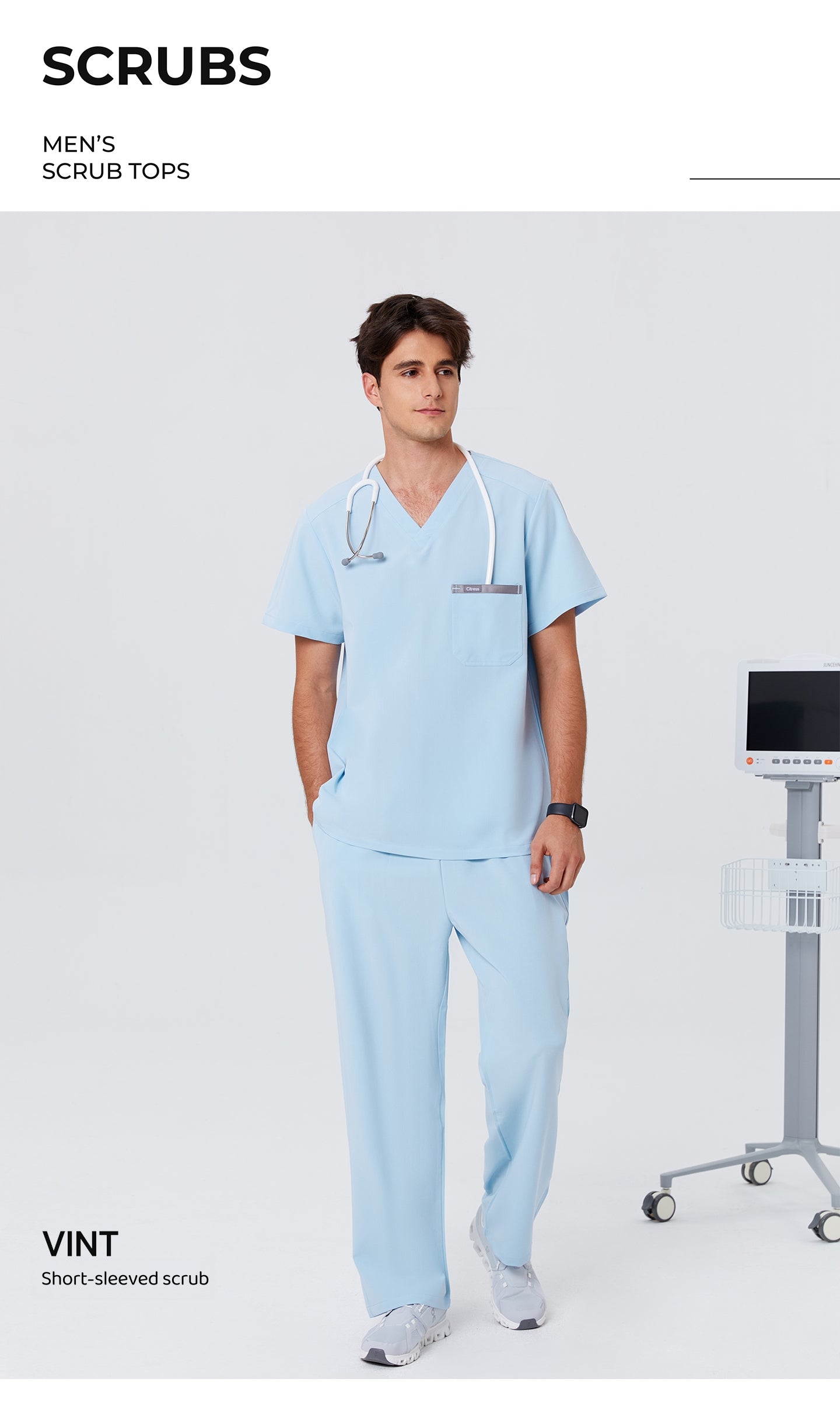 New Style——Men's Light Blue V-Neck Scrub Top — Premium Stretch & Wrinkle-Resistant Fabric | CITRESS