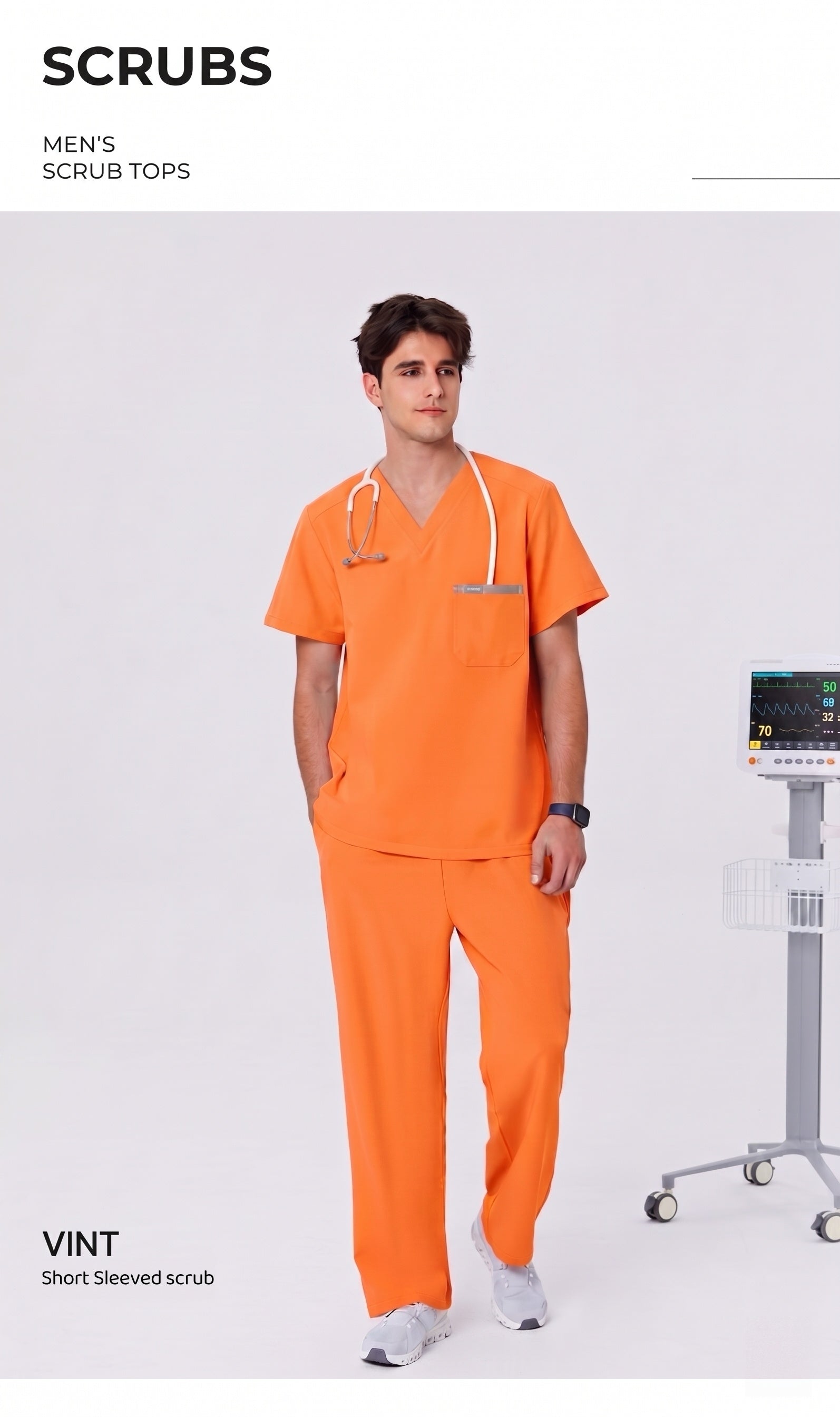 New Style——Men's Orange V-Neck Scrub Top — Premium Stretch & Wrinkle-Resistant Fabric | CITRESS