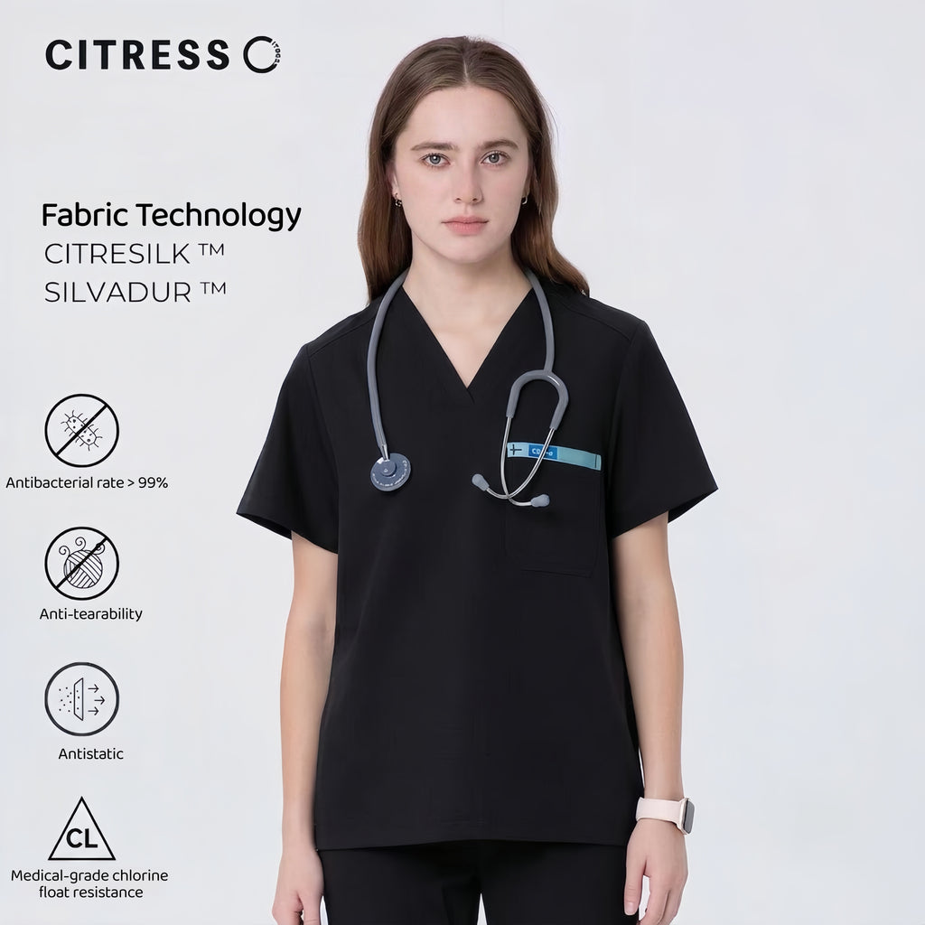 Women's V-Neck Black Scrub Top — Premium Stretch & Wrinkle-Resistant Fabric | CITRESS
