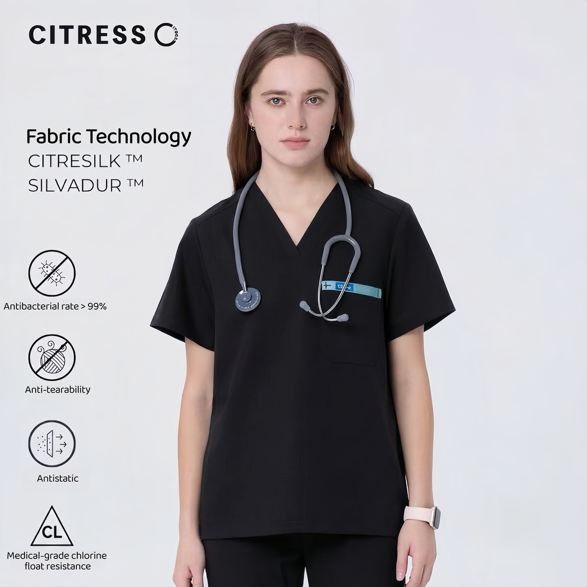 Women's V-Neck Black Scrub Top — Premium Stretch & Wrinkle-Resistant Fabric | CITRESS