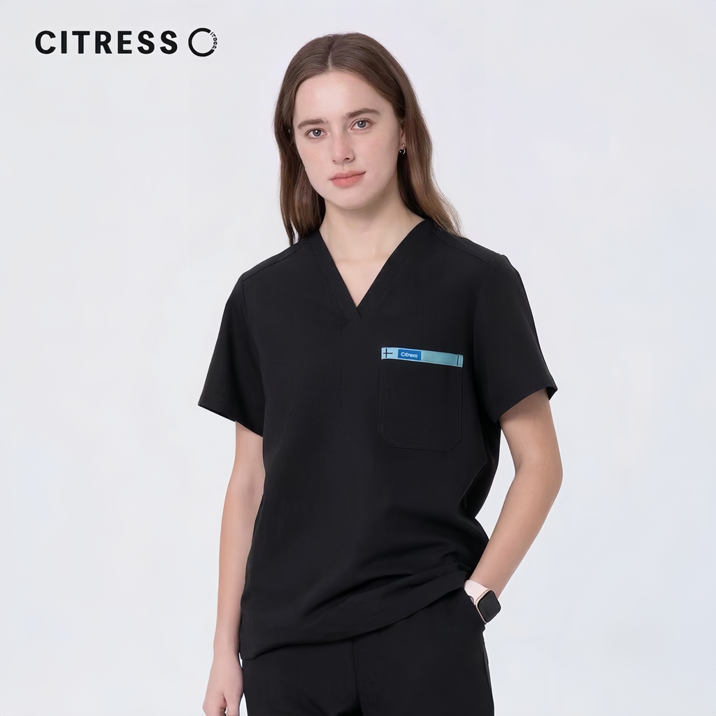 Women's V-Neck Black Scrub Top — Premium Stretch & Wrinkle-Resistant Fabric | CITRESS
