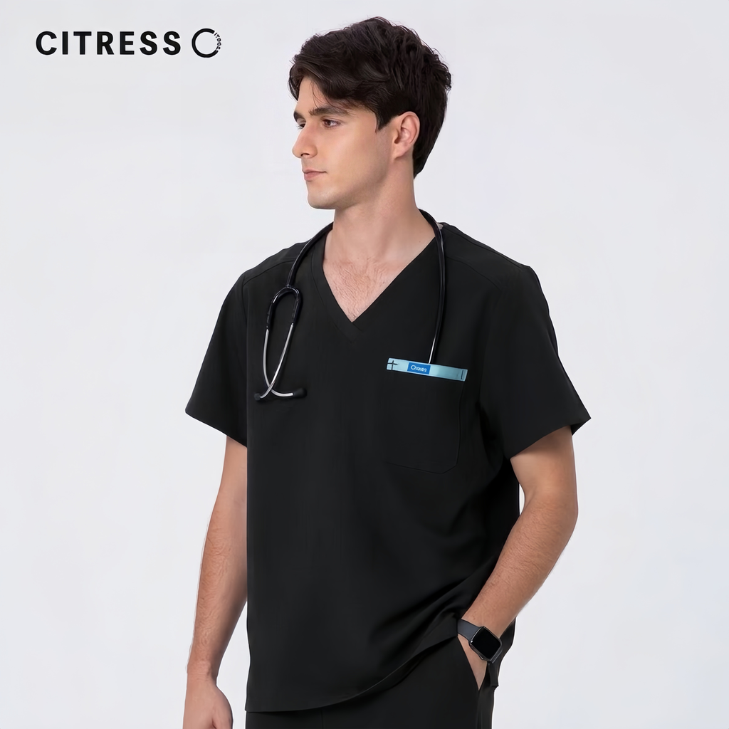 Men's V-Neck Black Scrub Top — Premium Stretch & Wrinkle-Resistant Fabric | CITRESS