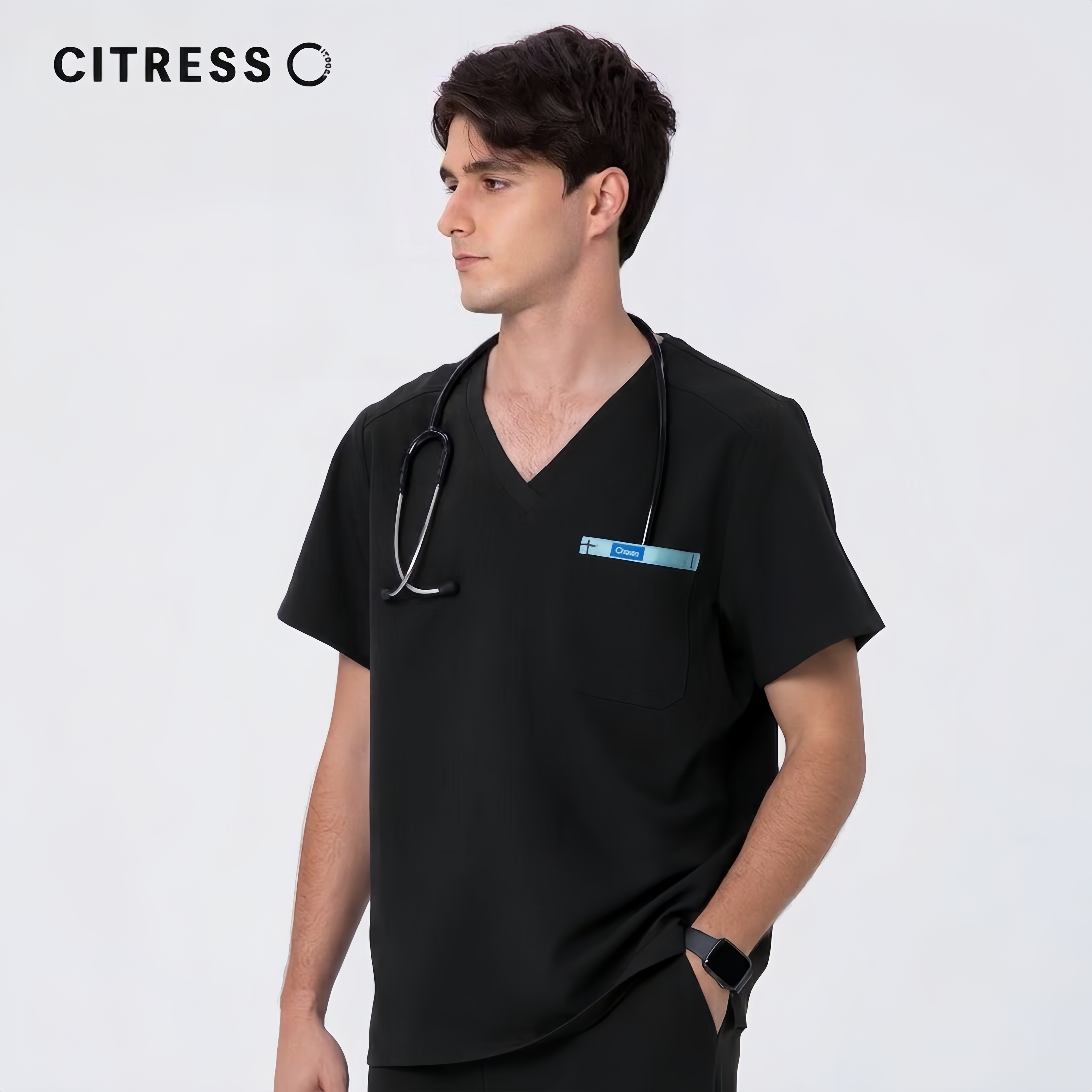 Men's V-Neck Black Scrub Top — Premium Stretch & Wrinkle-Resistant Fabric | CITRESS