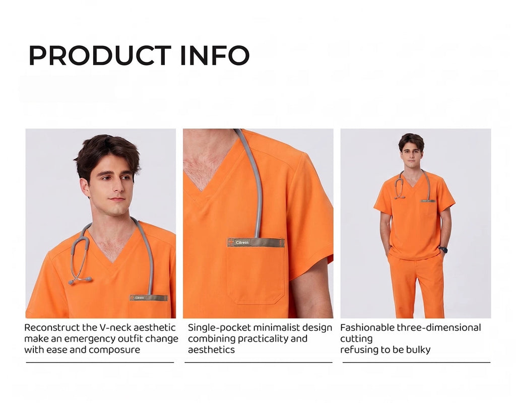 New Style——Men's Orange V-Neck Scrub Top — Premium Stretch & Wrinkle-Resistant Fabric | CITRESS
