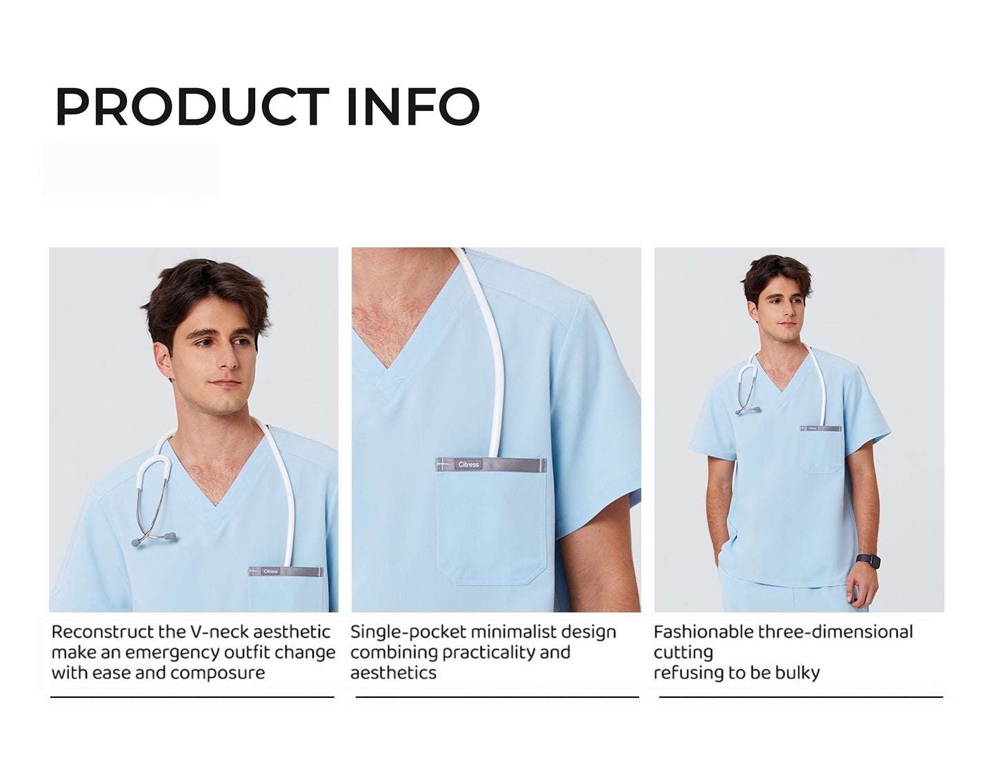 New Style——Men's Light Blue V-Neck Scrub Top — Premium Stretch & Wrinkle-Resistant Fabric | CITRESS