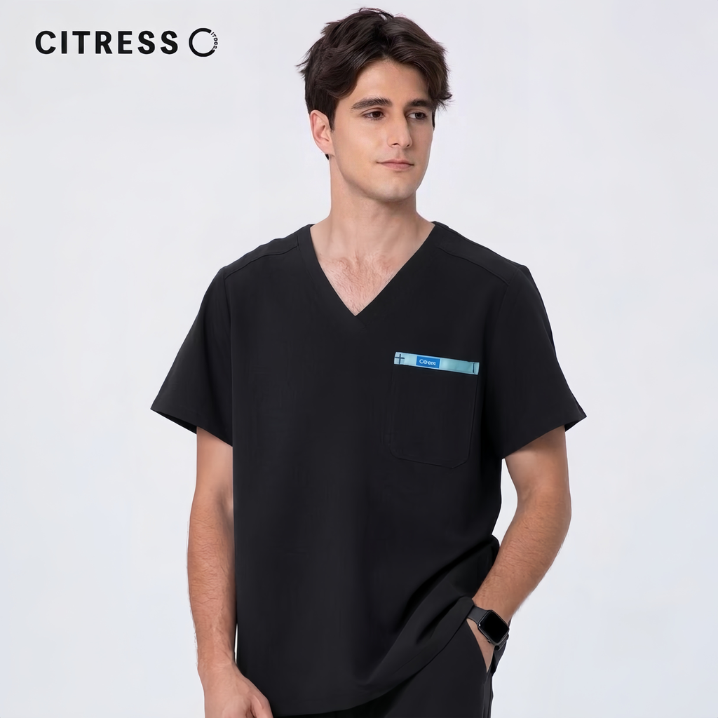 Men's V-Neck Black Scrub Top — Premium Stretch & Wrinkle-Resistant Fabric | CITRESS