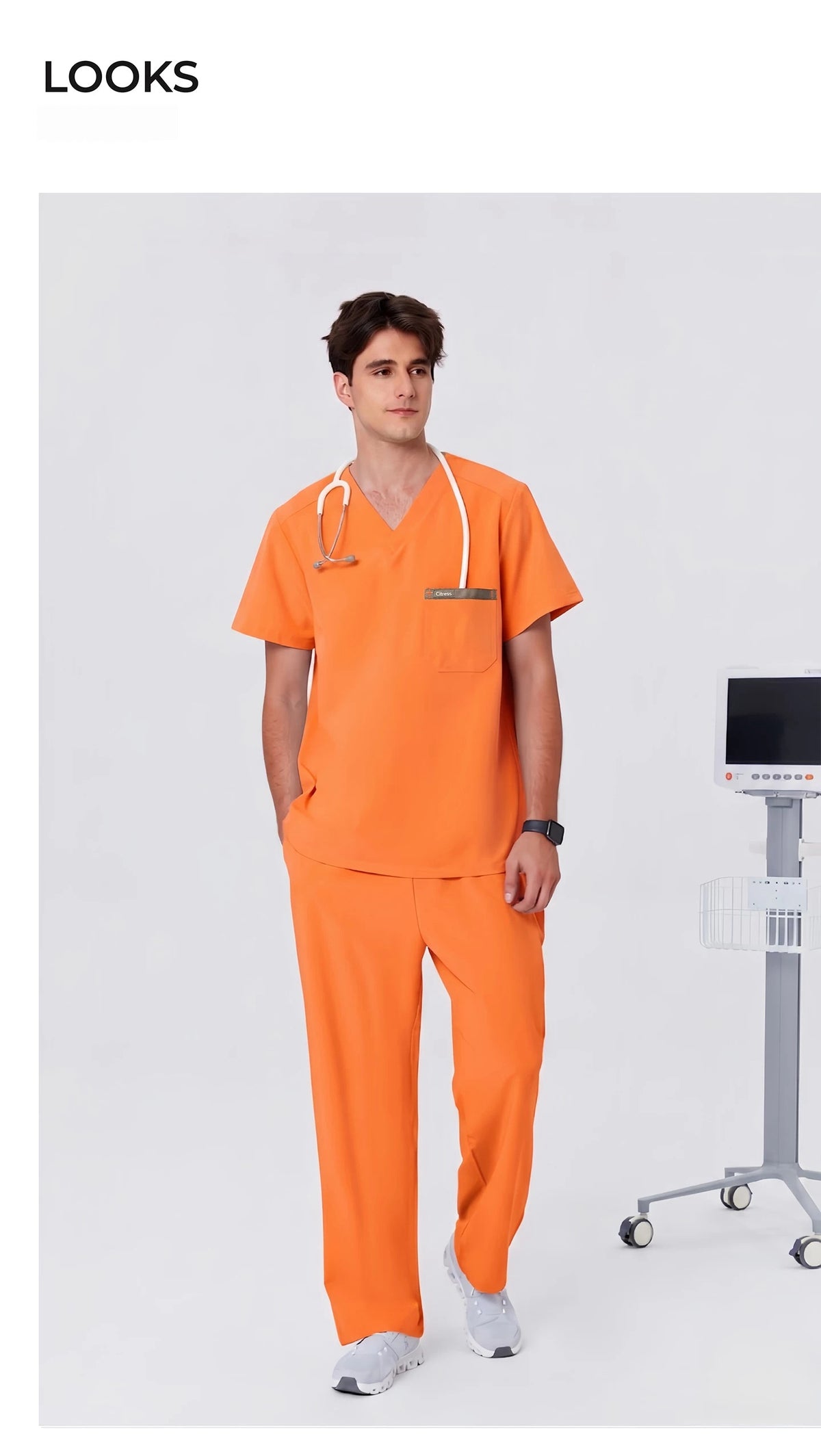 New Style——Men's Orange V-Neck Scrub Top — Premium Stretch & Wrinkle-Resistant Fabric | CITRESS