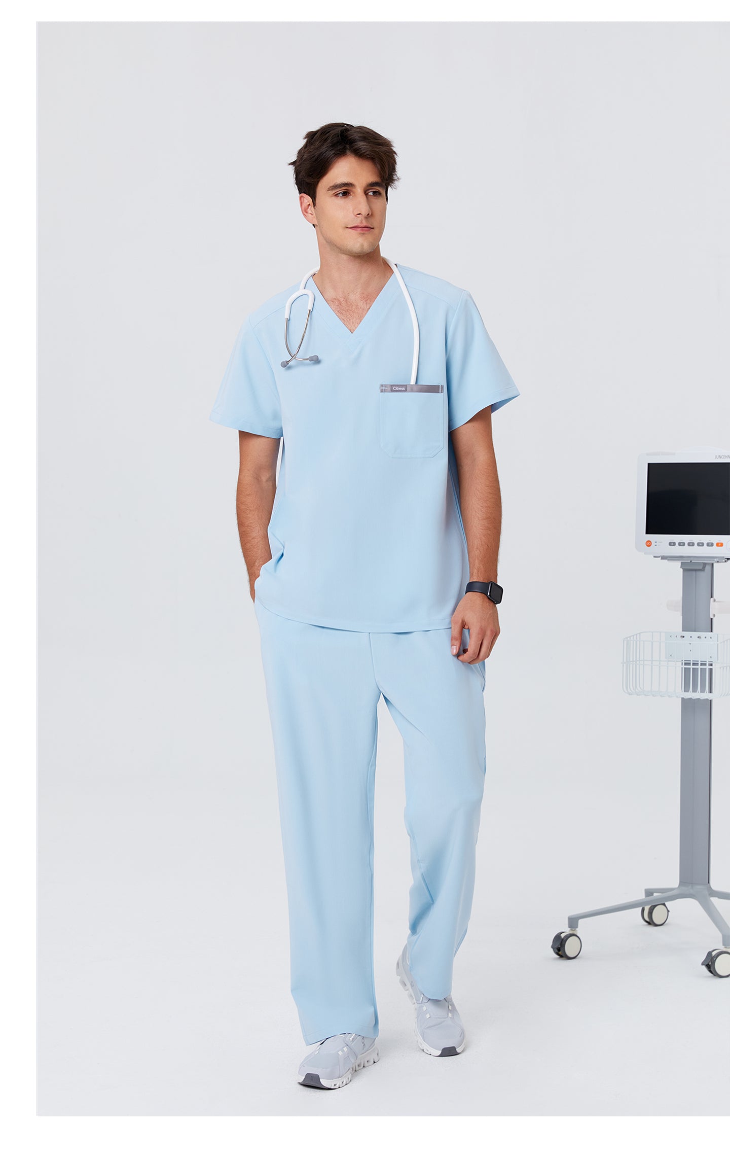 New Style——Men's Light Blue V-Neck Scrub Top — Premium Stretch & Wrinkle-Resistant Fabric | CITRESS