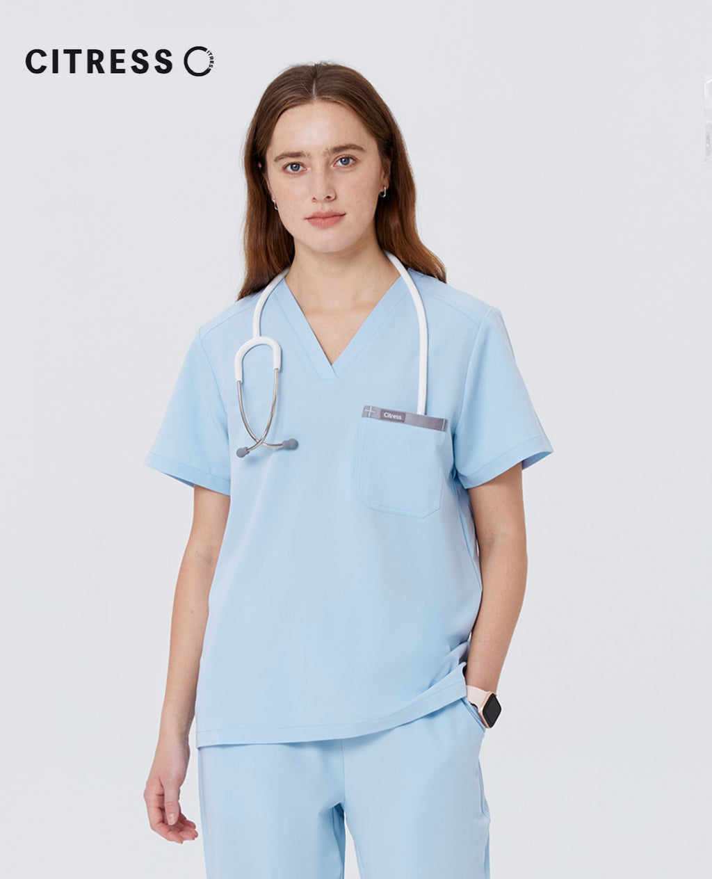 New Style——Women's Light Blue V-Neck Scrub Top — Premium Stretch & Wrinkle-Resistant Fabric | CITRESS
