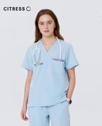 New Style——Women's Light Blue V-Neck Scrub Top — Premium Stretch & Wrinkle-Resistant Fabric | CITRESS