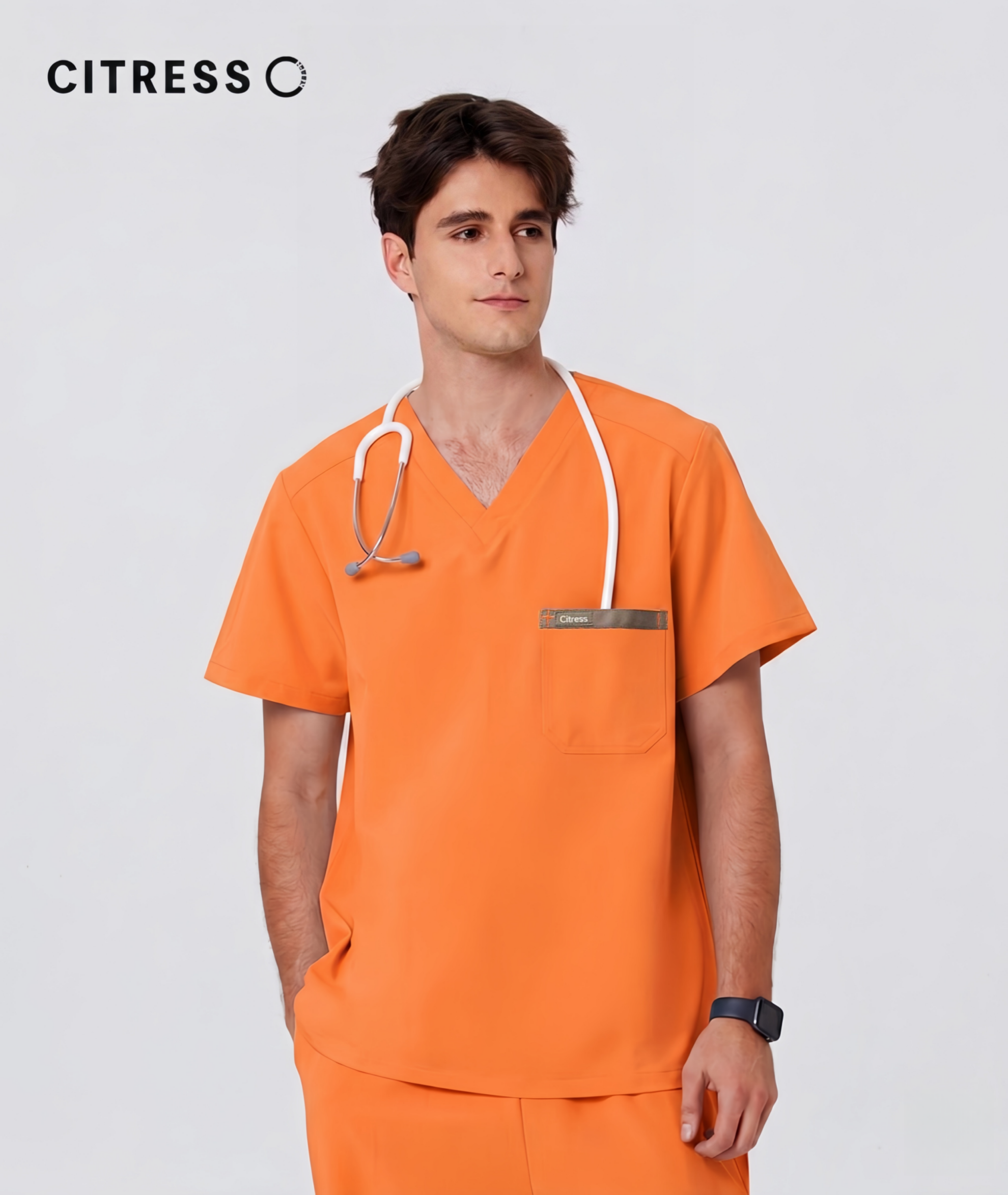 New Style——Men's Orange V-Neck Scrub Top — Premium Stretch & Wrinkle-Resistant Fabric | CITRESS