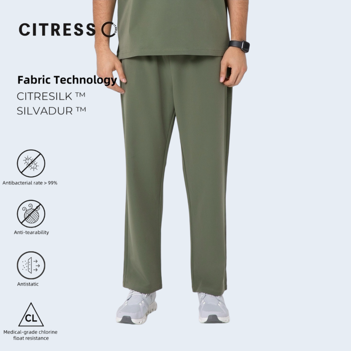 CITRESS men's green straight leg scrub pants, with Citresilk antibacterial fabric