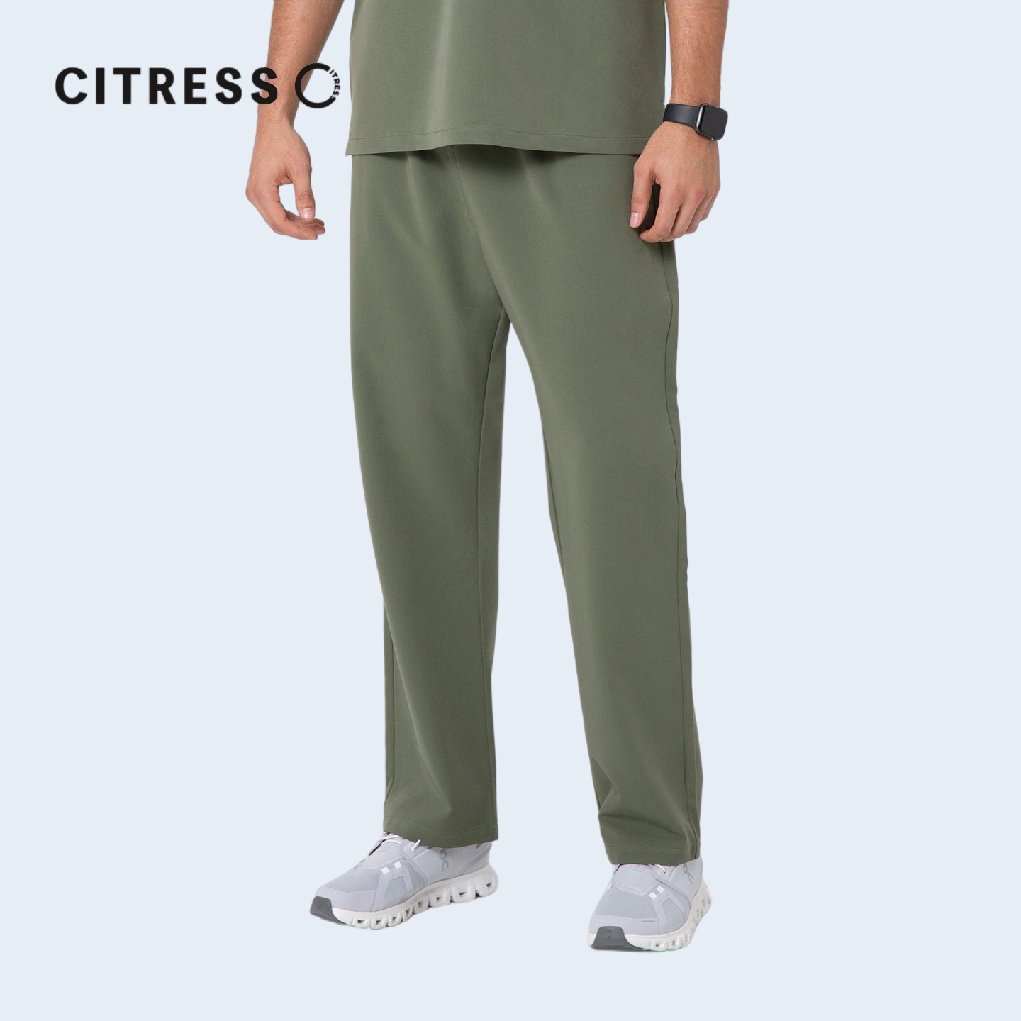 Front view of CITRESS men's green scrub pants, showing straight leg fit and drawstring waist