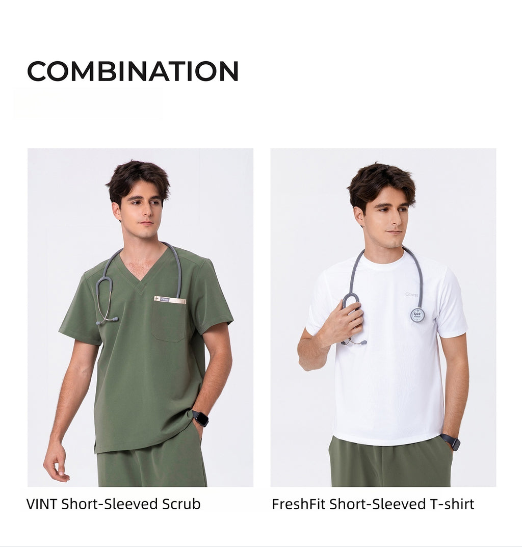 CITRESS green scrub pants paired with matching scrub top, complete men's medical uniform