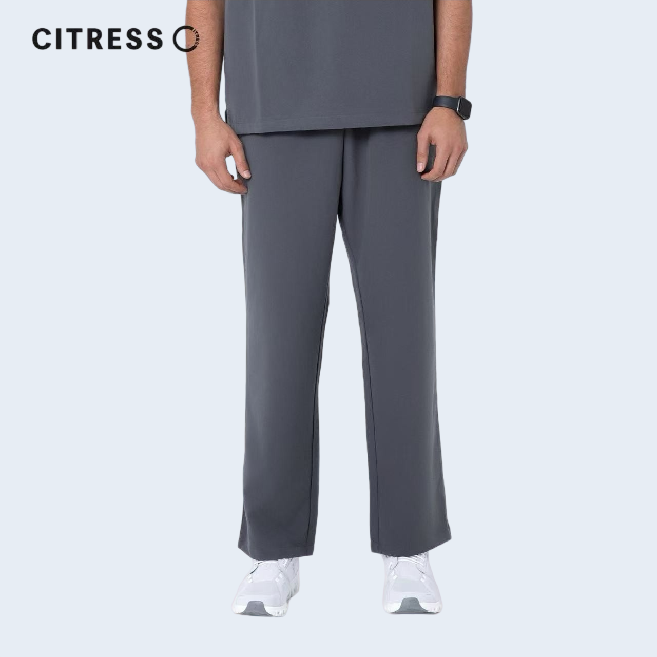 Front view of CITRESS men's grey scrub pants, showing straight leg fit and drawstring waist
