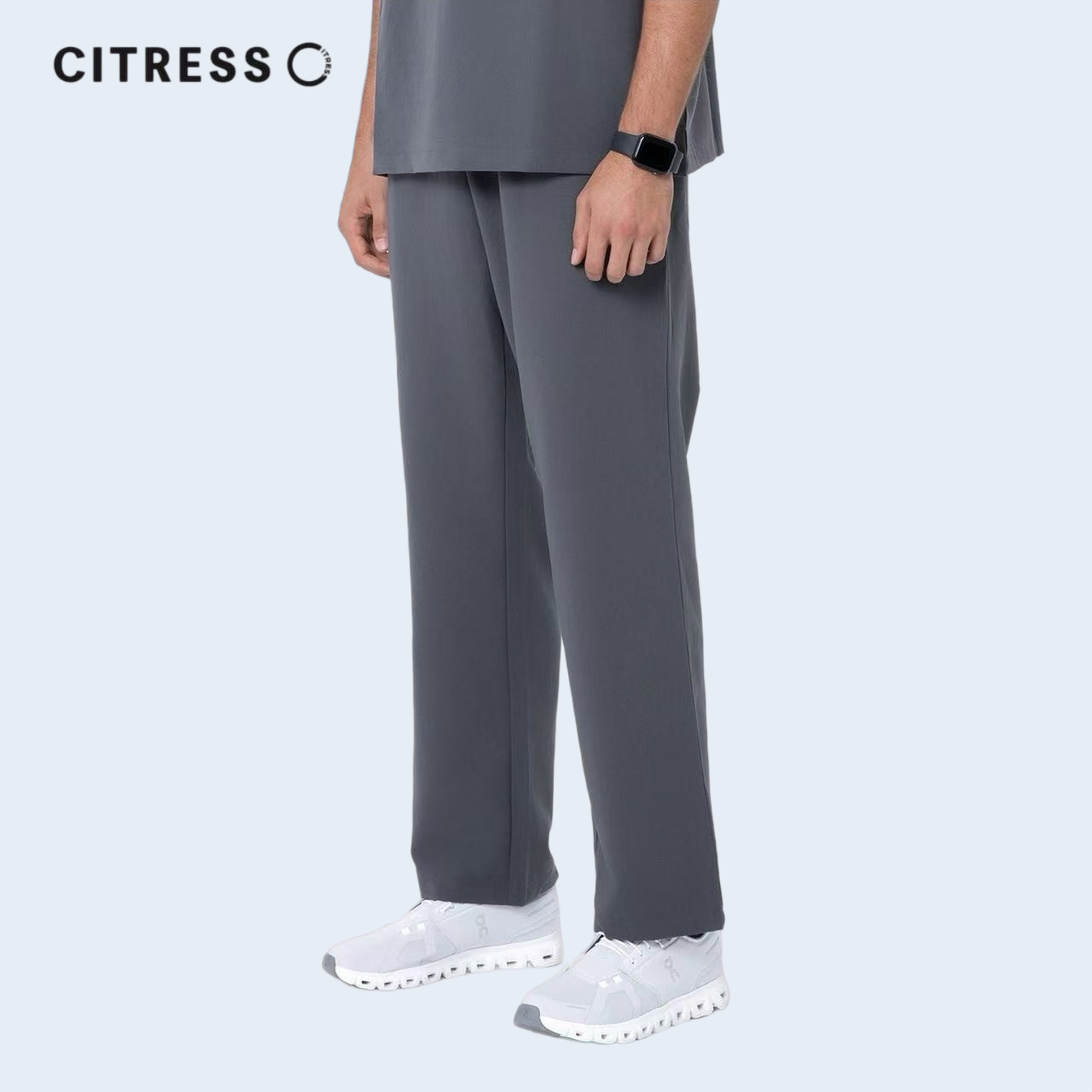 Side view of CITRESS men's grey scrub pants, comfortable fit for long medical shifts