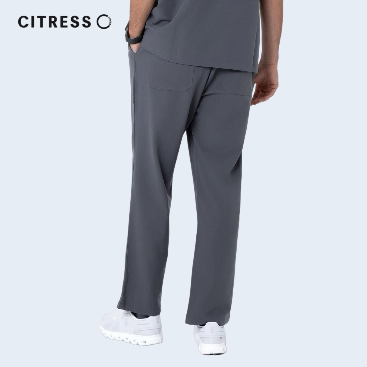 Waist and leg detail of CITRESS grey scrub pants, with functional pockets