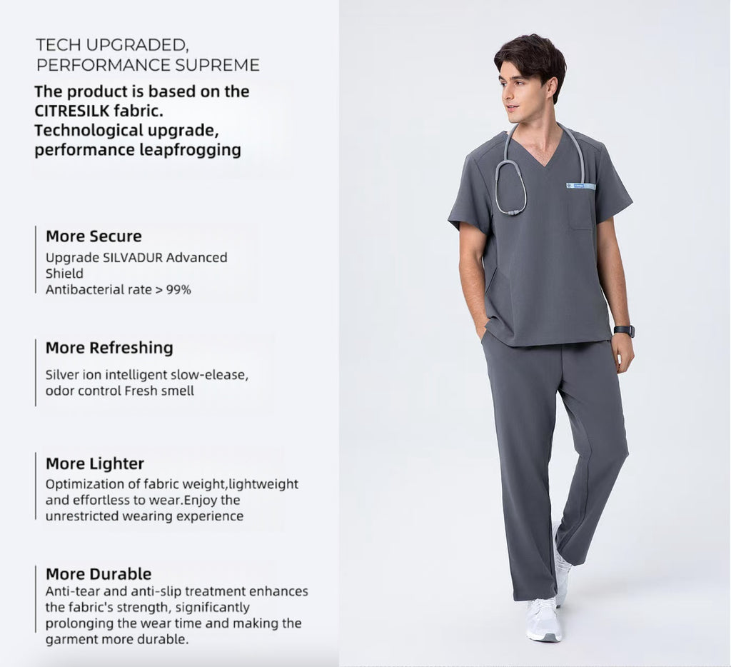 CITRESS grey scrub pants overview, showing front, side and pocket details