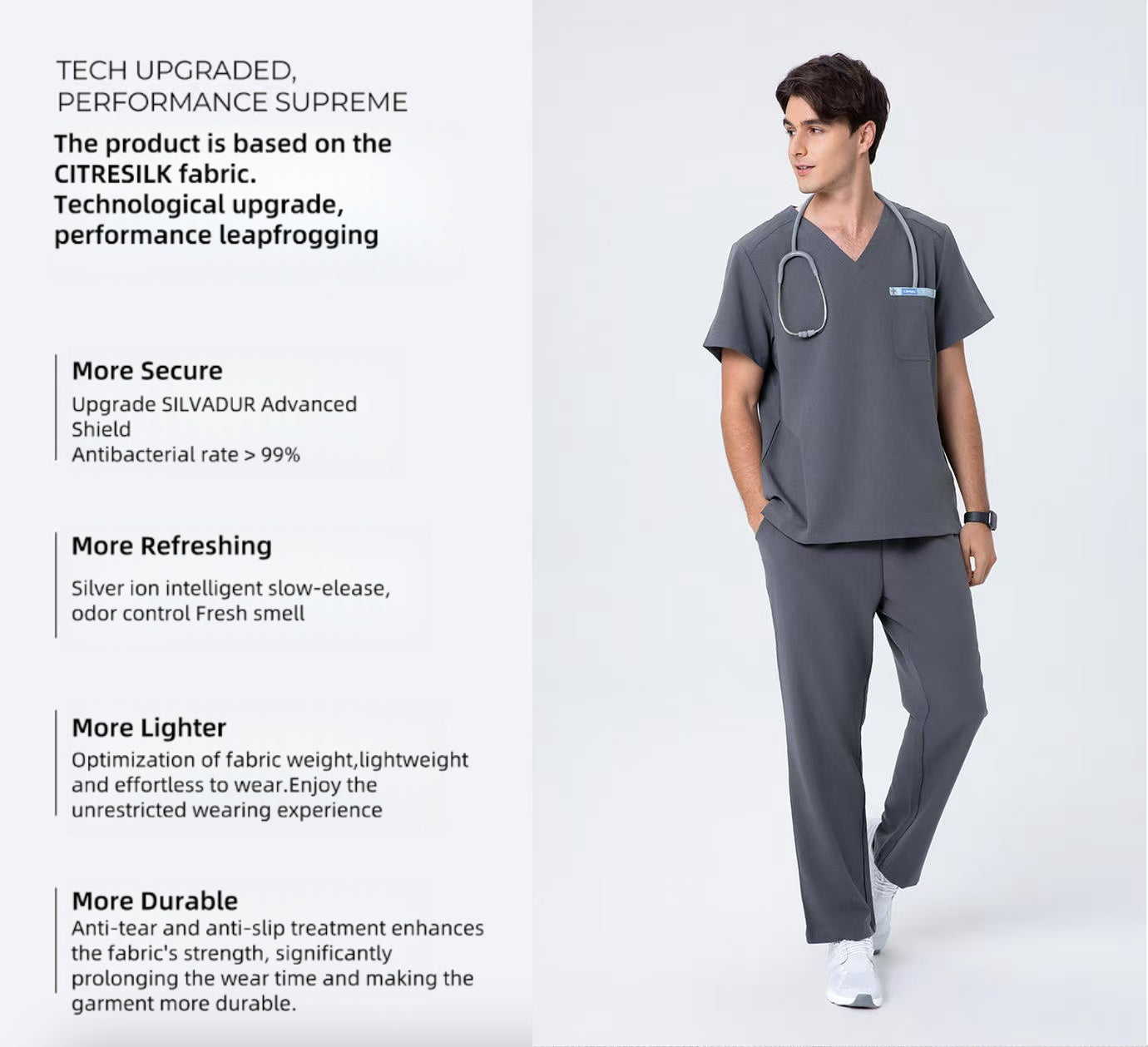 CITRESS grey scrub pants overview, showing front, side and pocket details