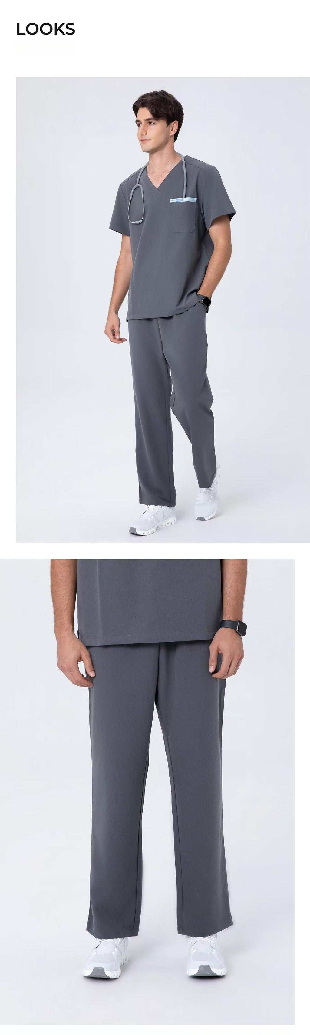 Front and side views of CITRESS men's grey scrub pants for male nurses