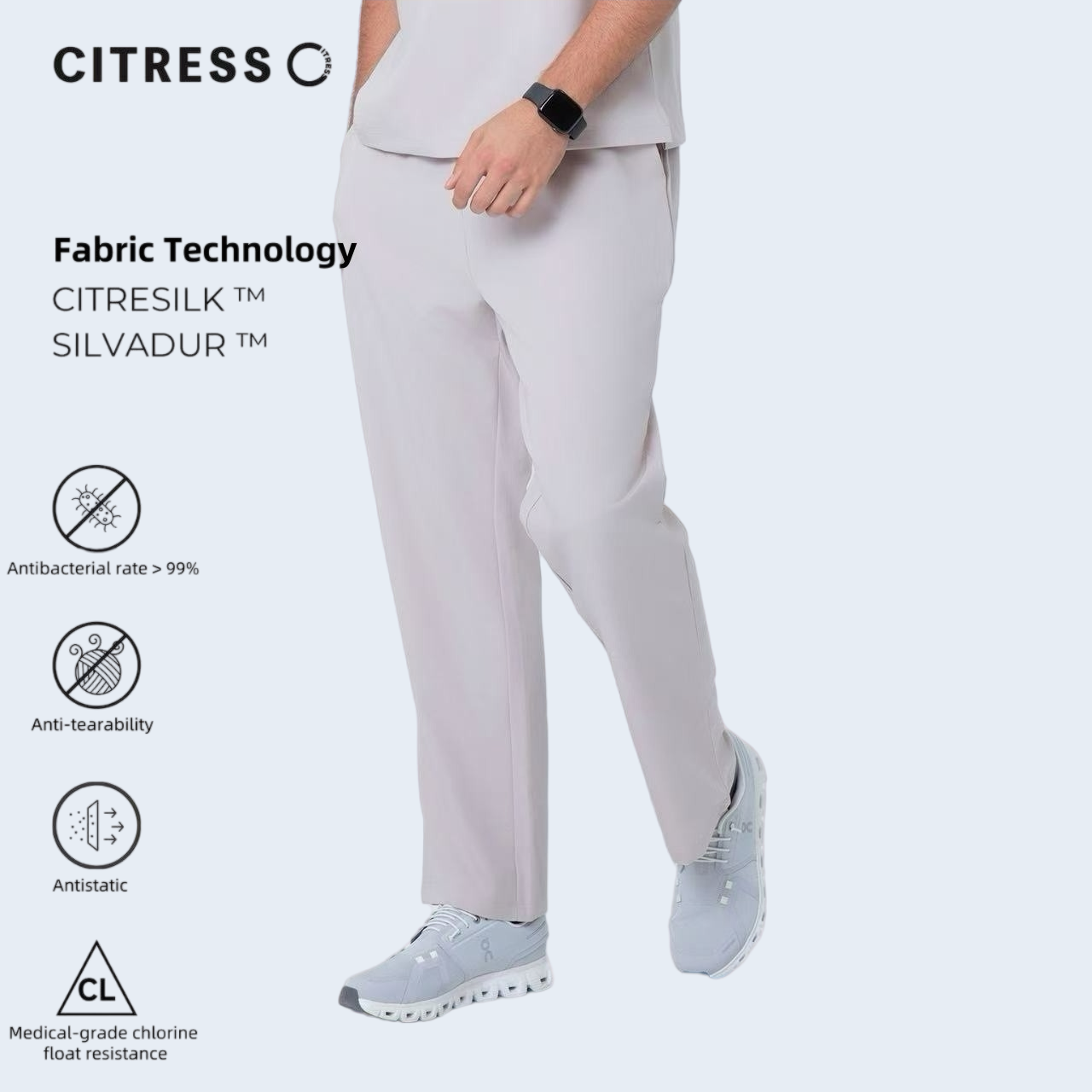 CITRESS men's khaki straight leg scrub pants, with Citresilk antibacterial fabric