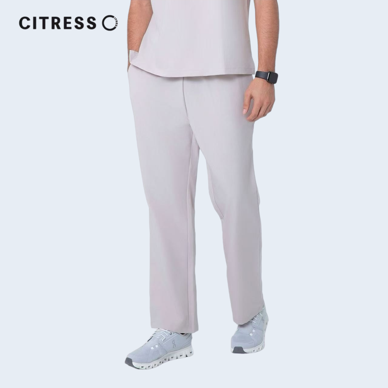 Front view of CITRESS men's khaki scrub pants, showing straight leg fit and drawstring waist