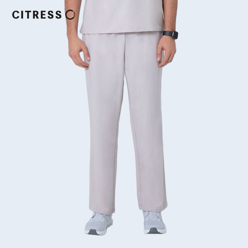Side view of CITRESS men's khaki scrub pants, comfortable fit for long medical shifts