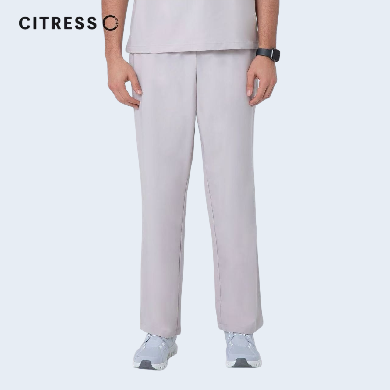 Side view of CITRESS men's khaki scrub pants, comfortable fit for long medical shifts
