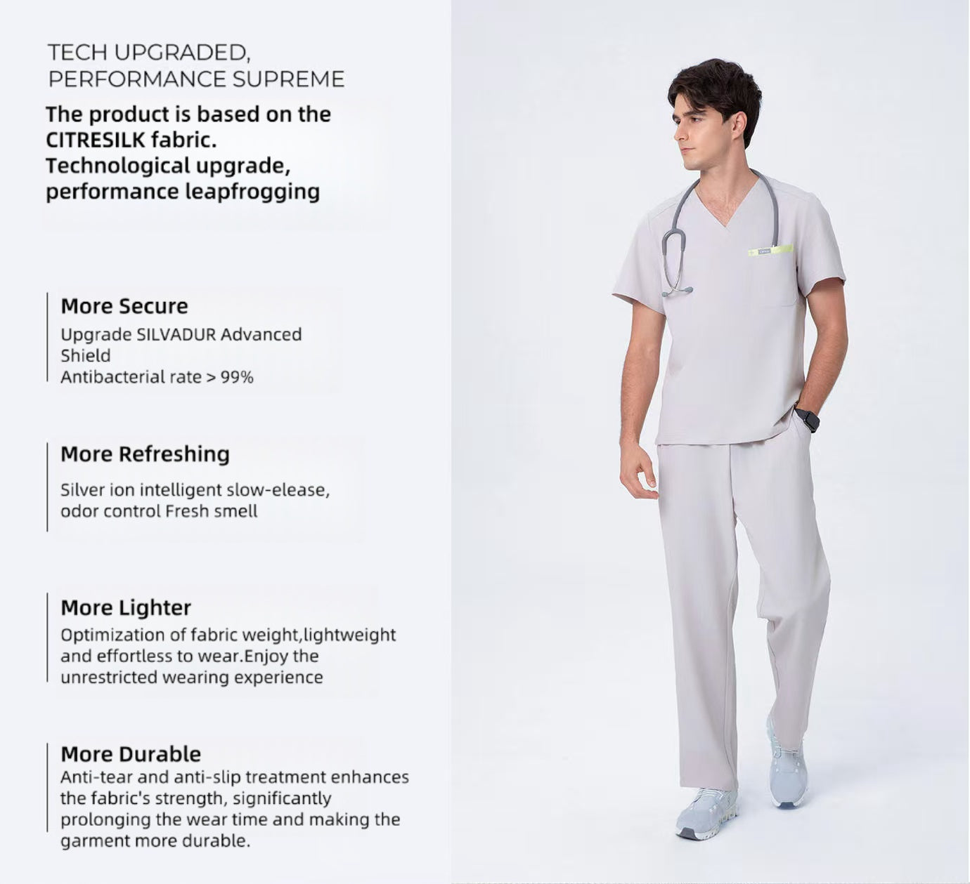 CITRESS khaki scrub pants overview, showing front, side and pocket details