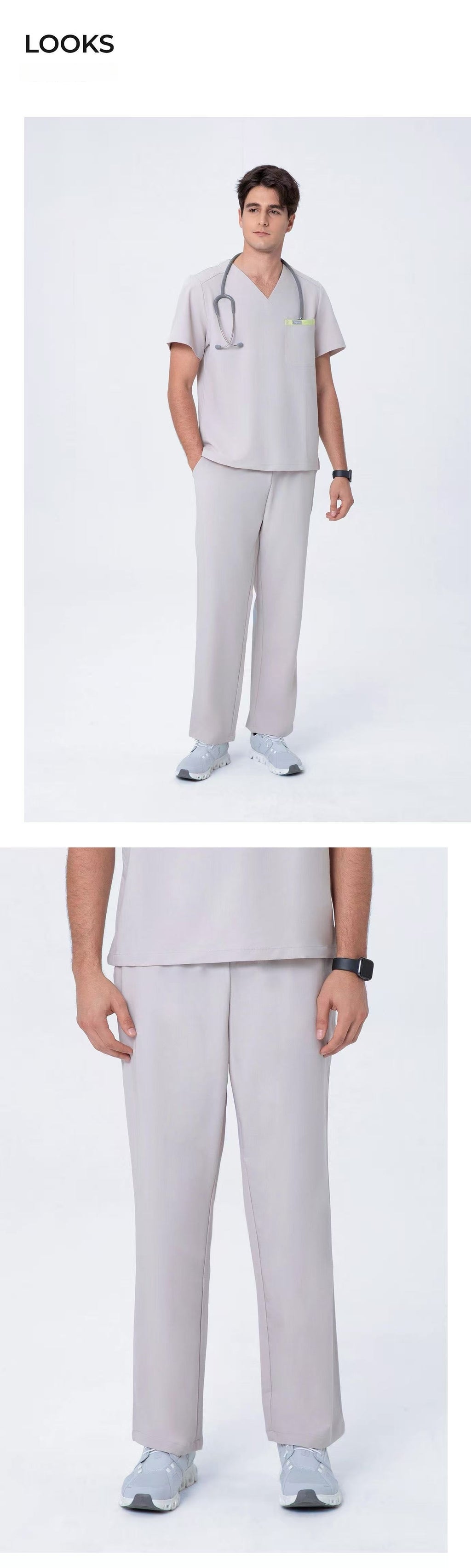 Front and side views of CITRESS men's khaki scrub pants for male nurses