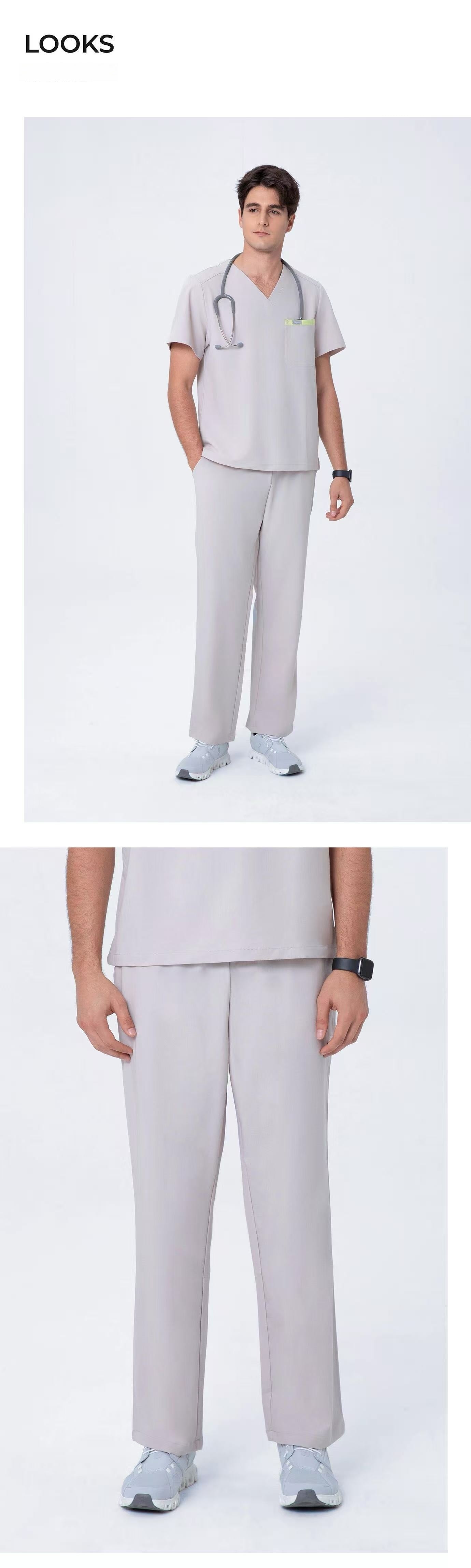 Front and side views of CITRESS men's khaki scrub pants for male nurses