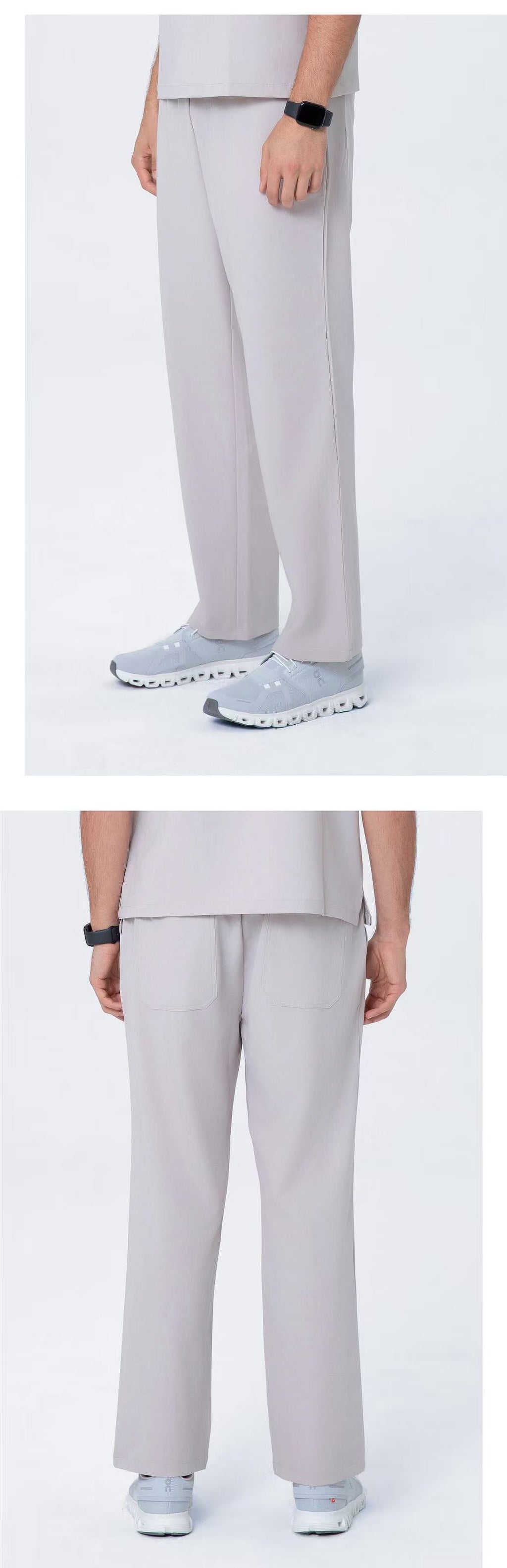 Front and side views of CITRESS men's khaki scrub pants for male nurses