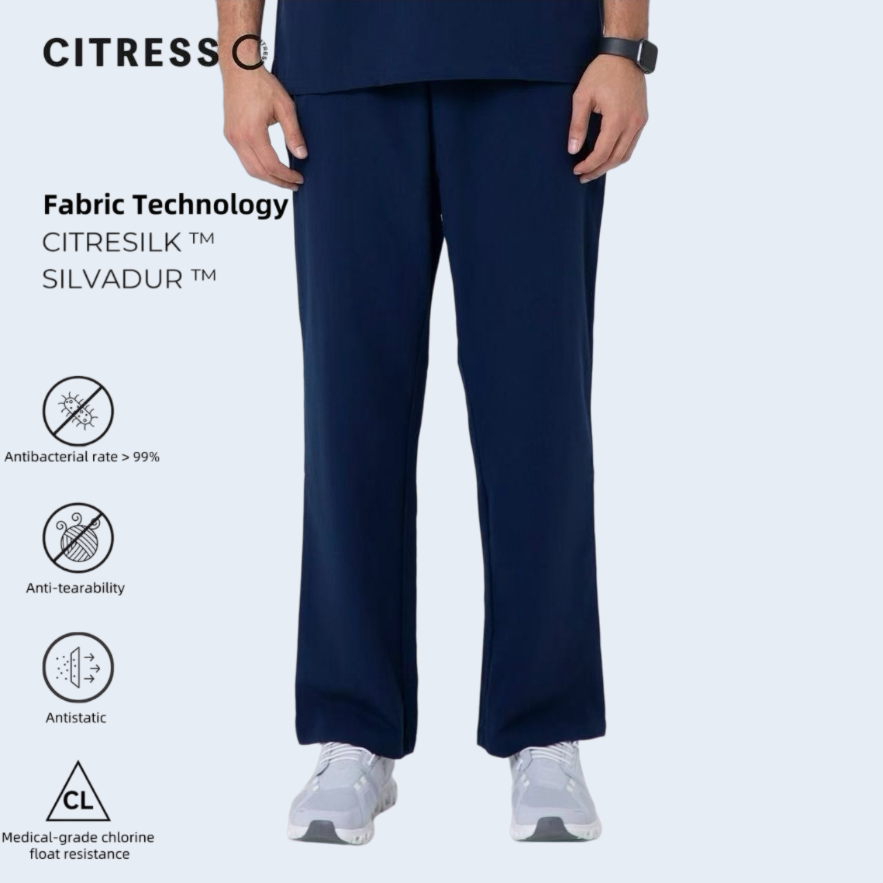 CITRESS men's navy straight leg scrub pants, with Citresilk antibacterial fabric