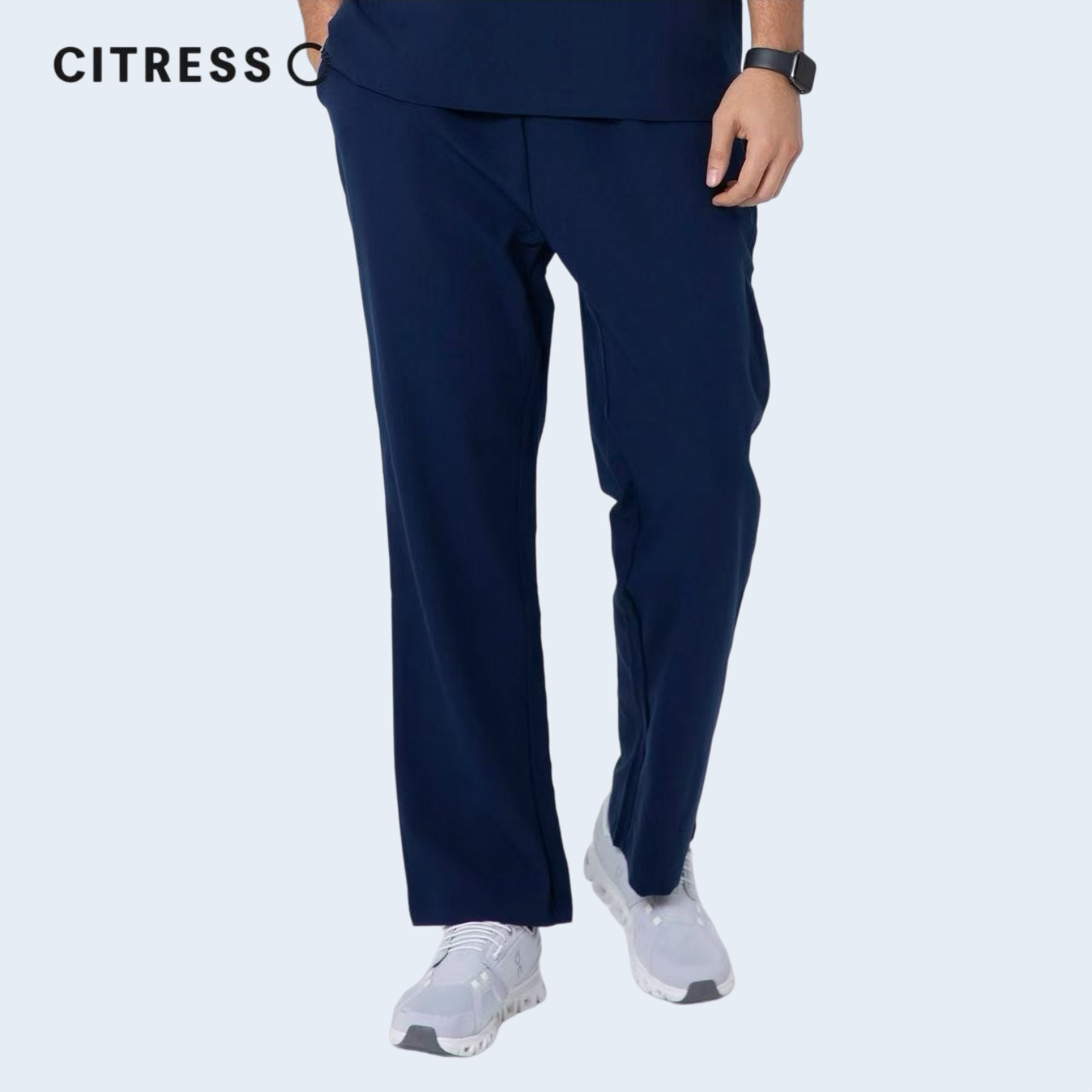 Front view of CITRESS men's navy scrub pants, showing straight leg fit and drawstring waist