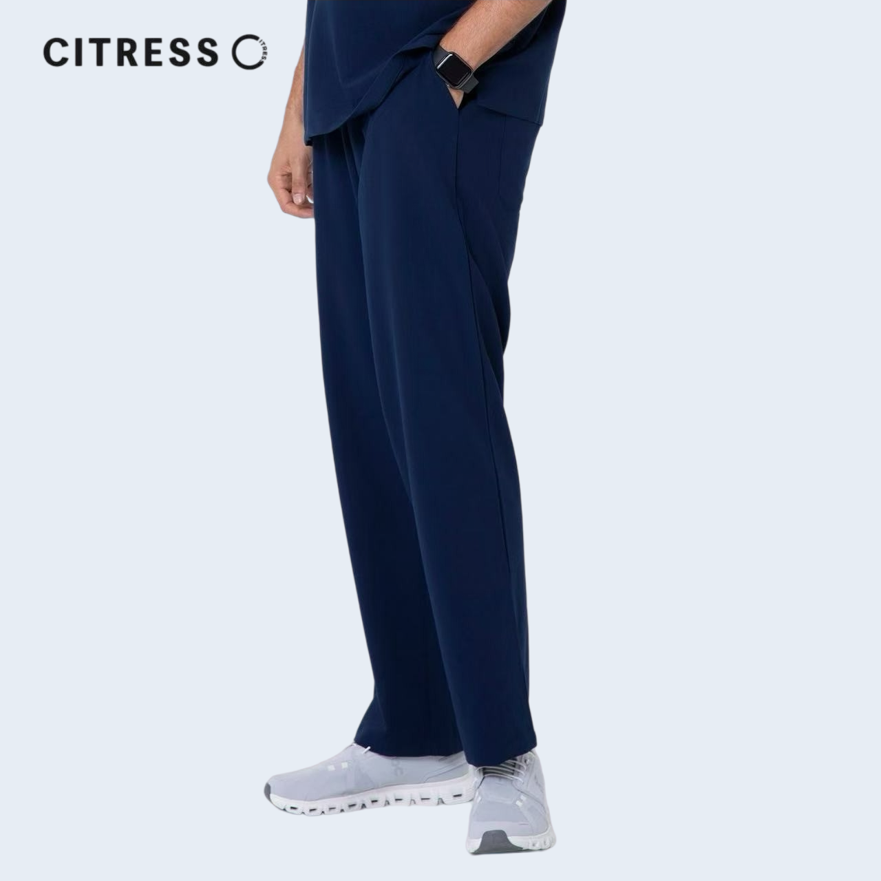 Side view of CITRESS men's navy scrub pants, comfortable fit for long medical shifts