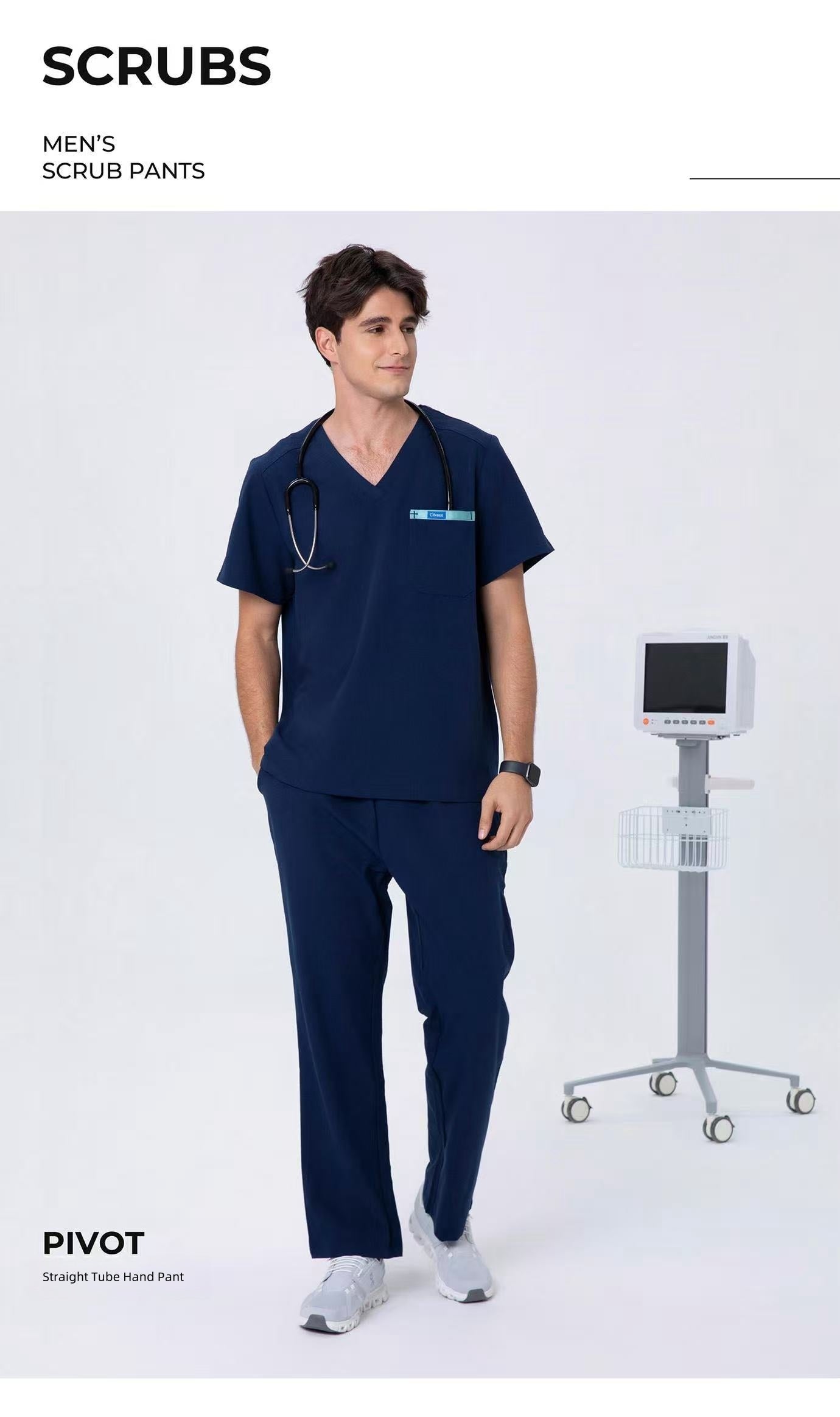 CITRESS navy scrub pants product shot, full-length view with clean background