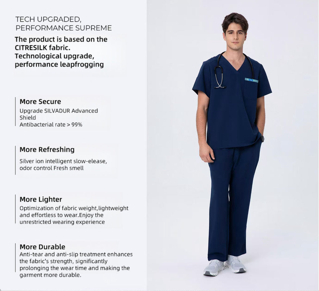 CITRESS navy scrub pants overview, showing front, side and pocket details