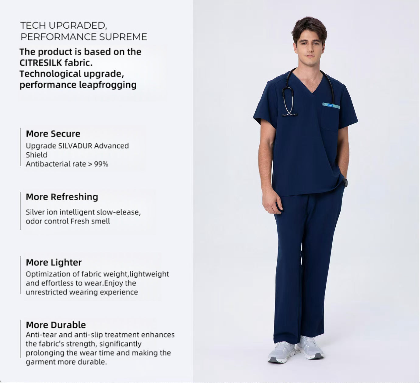 CITRESS navy scrub pants overview, showing front, side and pocket details