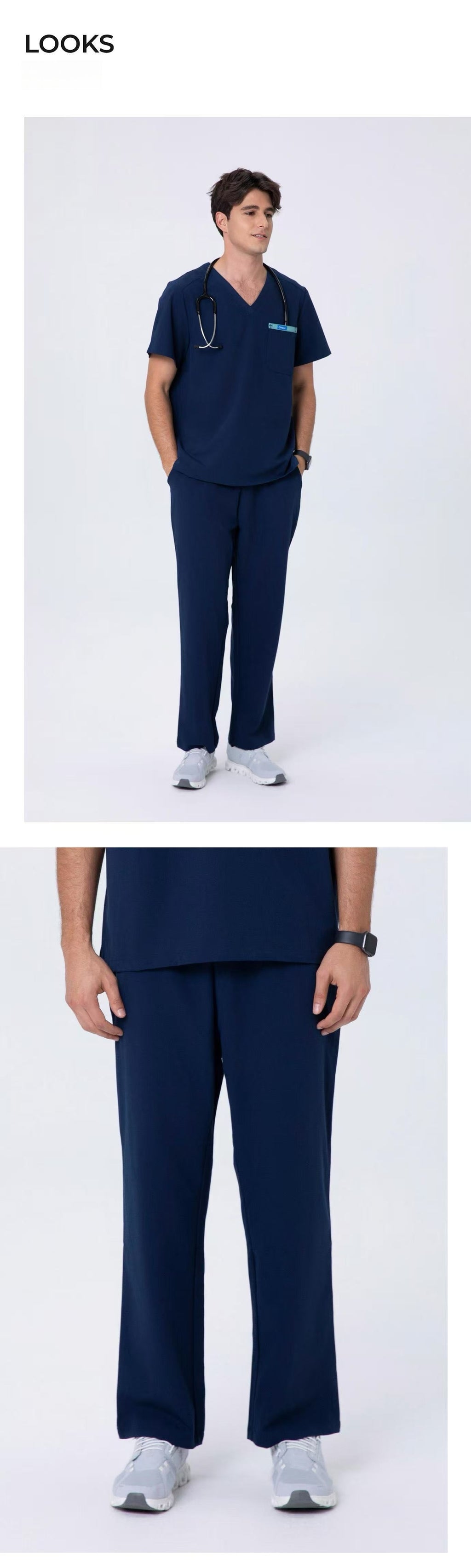 Front and side views of CITRESS men's navy scrub pants for male nurses