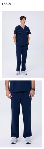 Front and side views of CITRESS men's navy scrub pants for male nurses