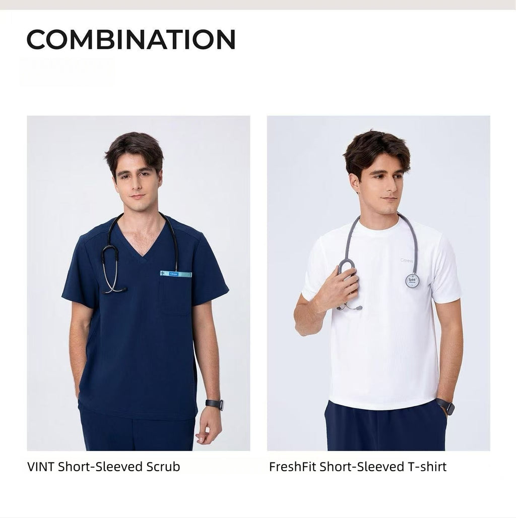 CITRESS navy scrub pants paired with matching scrub top, complete men's medical uniform