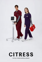 Healthcare team wearing CITRESS scrub sets in navy and maroon colors
