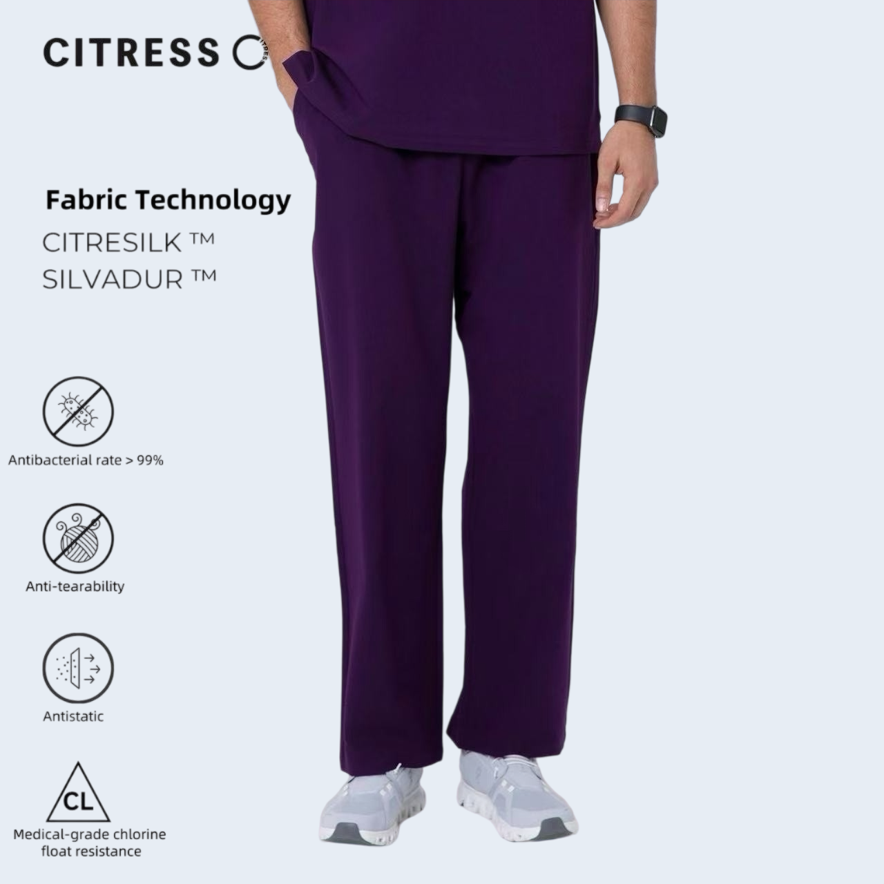 CITRESS men's purple straight leg scrub pants, with Citresilk antibacterial fabric