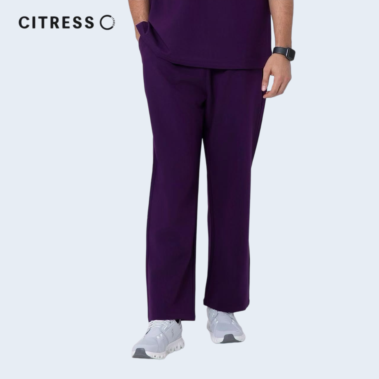 Front view of CITRESS men's purple scrub pants, showing straight leg fit and drawstring waist