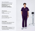 CITRESS purple scrub pants overview, showing front, side and pocket details