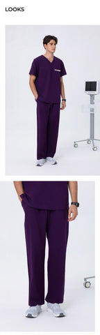 Front and side views of CITRESS men's purple scrub pants for male nurses
