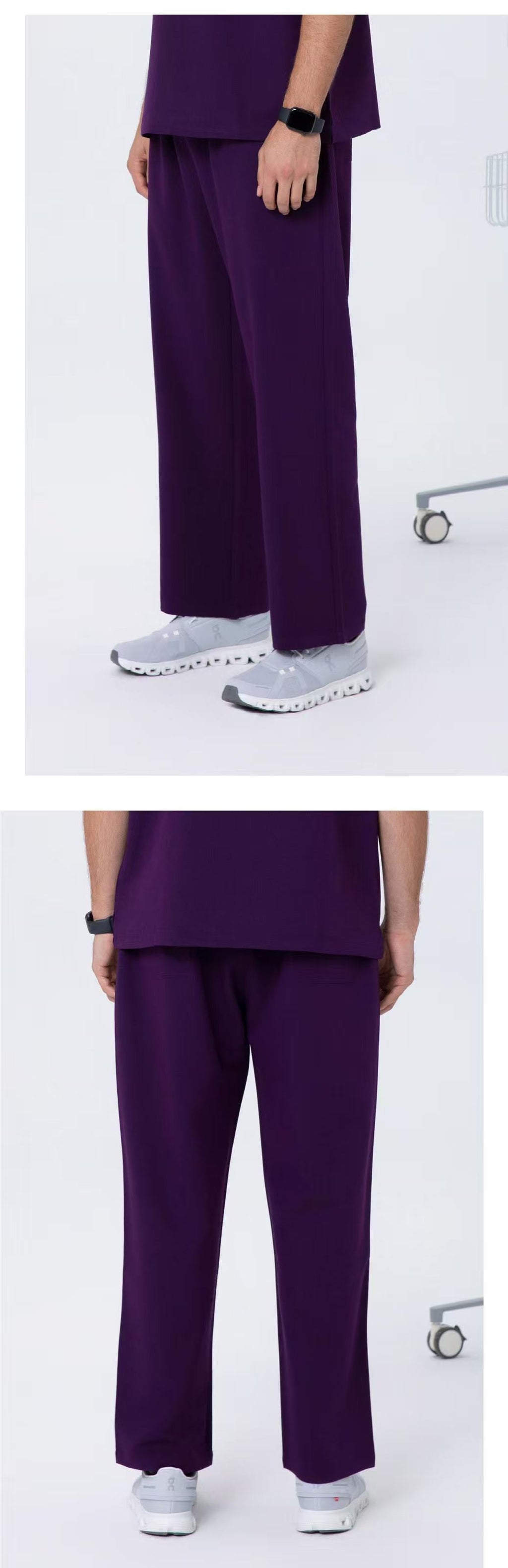 Front and side views of CITRESS men's purple scrub pants for male nurses